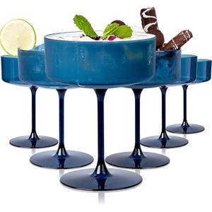 Ciaell 12PCS Plastic Martini Glasses - 10 Oz Blue Disposable Coupe Glasses with Stem - Heavy Duty Margarita Cups for Bars, Cocktails, Whiskey, Parties & Wedding