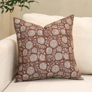 Amor Virisso Floral Pillow Covers 18x18 Throw Pillow Covers Vintage Block Print Pillow Cover Neutral Couch Pillows for Living Room Farmhouse Decorative Accent Sofa Pillows, Brown