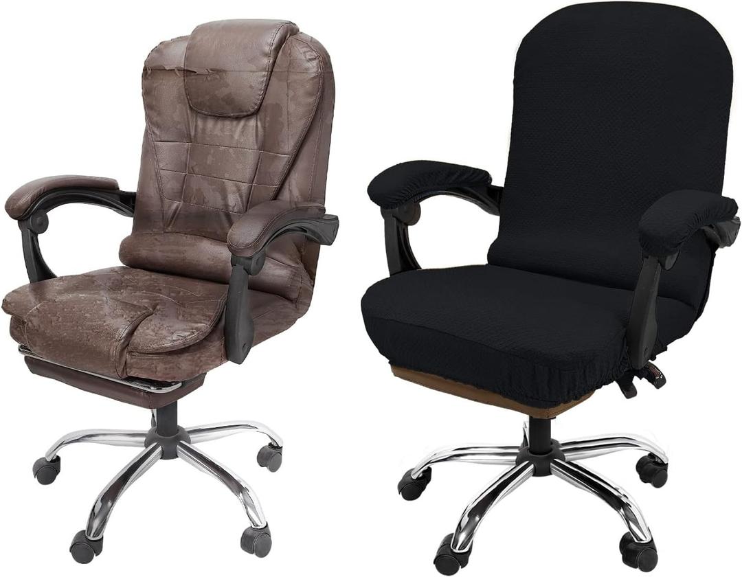 NeColorLife Office Chair Cover,Computer Seat Cover with Armrest Covers, Stretchable Jacquard Desk Chair Slipcover for High-Back Rotating Chair (Medium, Black)