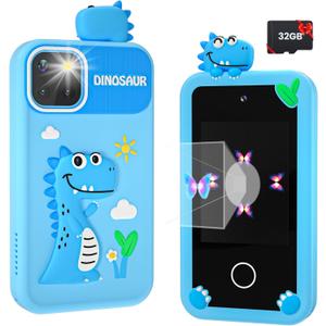 Kids Smart Phone for Boys with 32G Card & Holographic Pyramid, Christmas Birthday Gifts for Age 3-10 Kids Toys Cell Phone, 2.8" Touchscreen Toddler Learning Toy, Dual Lens, Music Player(Blue Dinosaur)