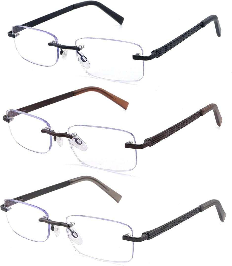 3 Pack Rimless Reading Glasses for Men Blue Light Blocking Readers Spring Hinge Metal Arms Sturdy Stylish Computer Glasses +3.5