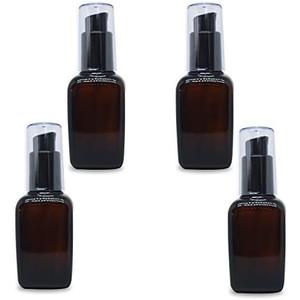 MYOC 4 Pcs Amber Square Glass Lotion Bottle Refillable Lotion Containers with Black Pump Head and Cap Empty Cosmetic Containers Portable Travel Dispenser Jars Pots for Makeup Cream 50ml/1.7oz