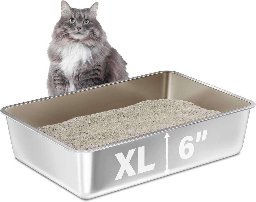 Stainless Steel Litter Box, 23.6x15.7"x6" Deep Stainless Steel Cat Litter Box Extra Large, XL Metal Litterbox for Big Cats with High Sides, Non Stick Surface, Easy to Clean