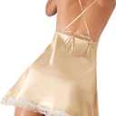 Vrtige Women's Satin Lace Trim V Neck Sexy Full Slip Sleepwear Chemise Nightgown