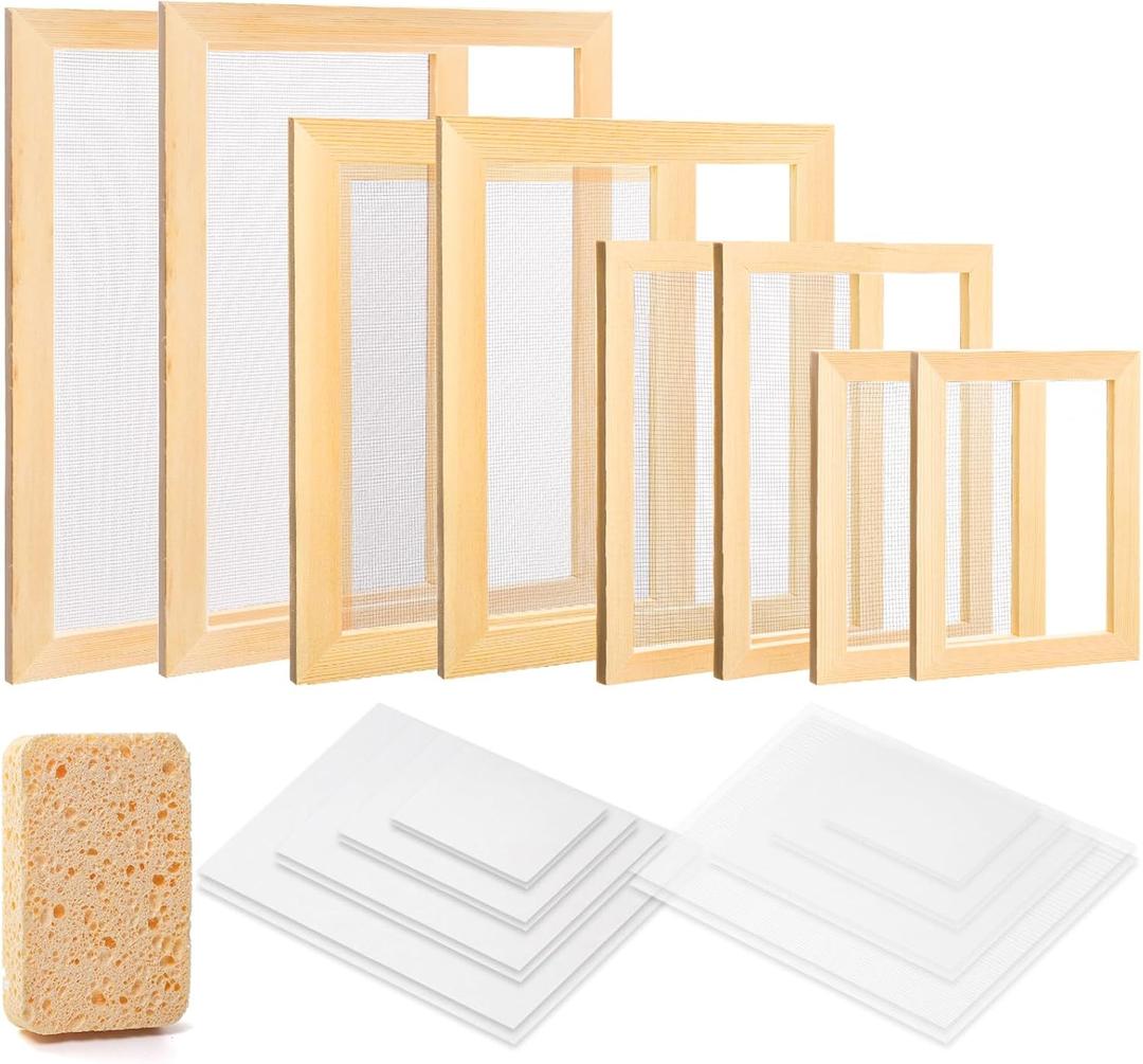 Okllen Set of 4 Paper Making Screen Kit, Wooden Paper Making Frames with Mesh, Absorbent Paper and Sponge for DIY Paper Crafts Size (A4, A5, A6, A7)