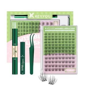 KEYYOU Lisbon Lash Clusters Kit Fairy Lash Extension Kit C Curl 108Pcs Eyelash Extension Kit Wispy Natural Invisible Band Lash Kit with Waterproof DIY Lash Extension Kit at Home(Lisbon-C-8-16MIX)