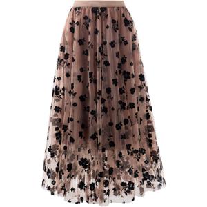 Reaowazo Skirts for Women Midi Long Length Dressy Casual Trendy Summer Tulle A-Line Floral High Waist Skirt Khaki S-M