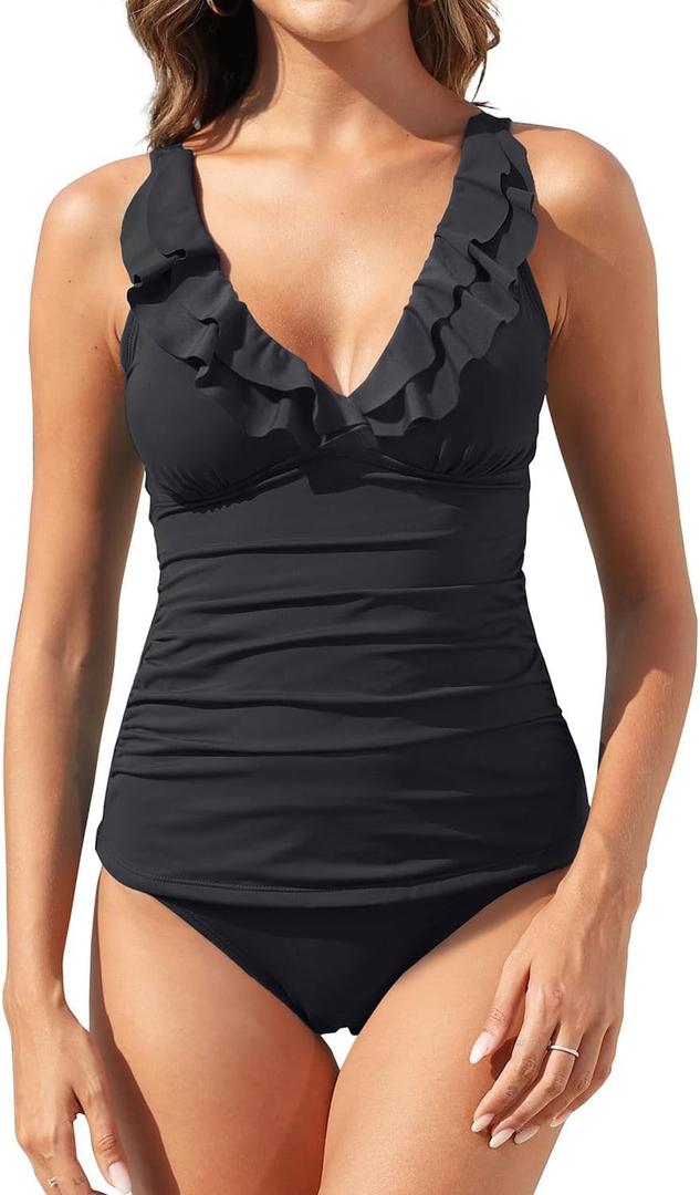 Womens Two Piece Swimsuits - Ruffle Flounce Tankini Tummy Control Bathing Suits V Neck Swimwear (X-Large, Black 01) Womens Two Piece Swimsuits - Ruffle Flounce Tankini Tummy Control Bathing Suits V Neck Swimwear (X-Large, Black 01)