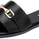 Lookyno Womens Flat Sandals Dressy Square Open Toe Summer Slides Sandals Slip on Comfortable Leather Sandals for Women 7