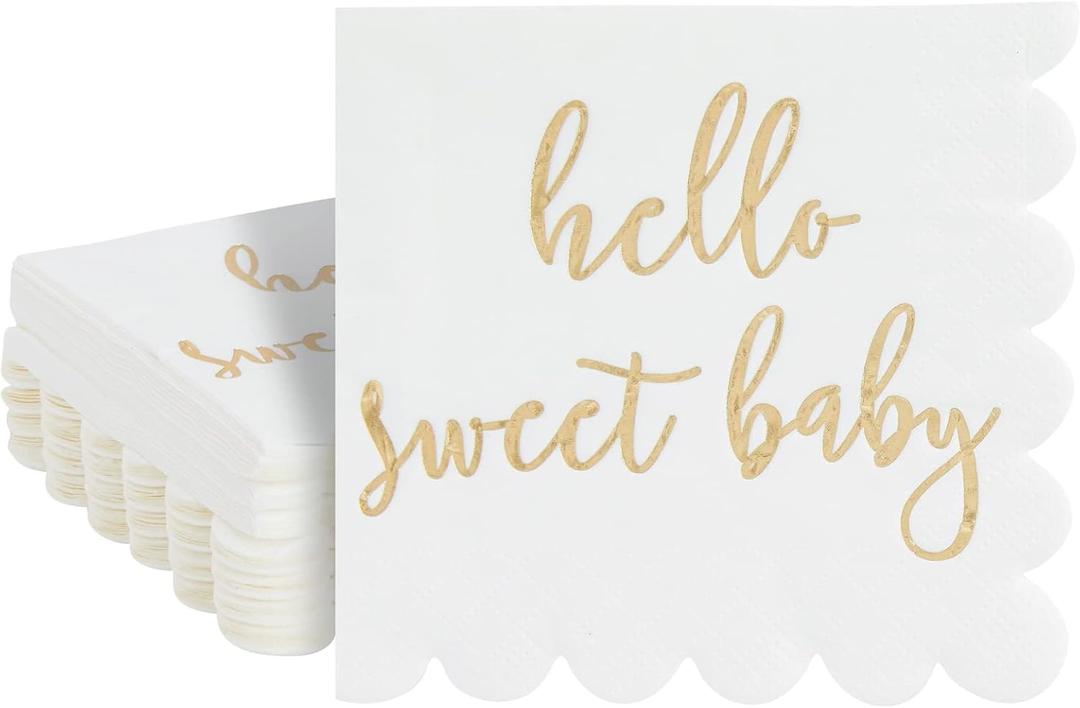 50 Pack White Scalloped Baby Shower Napkins for Girls and Boys, Gold Foil Hello Sweet Baby Decorations (5" x 5")