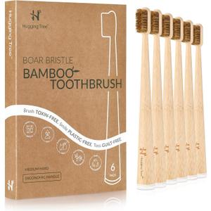 Boar Bristle Bamboo Toothbrush, Made from Natural Boar Hair Bristles, Plastic-Free (Pack of 6)
