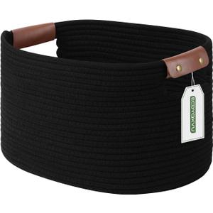 Cotton Rope Basket, Storage Baskets with Handle, 15x10x9 Inch Woven Basket for Shelves, Laundry, Towels, Clothes, Books (Black 1Pack)