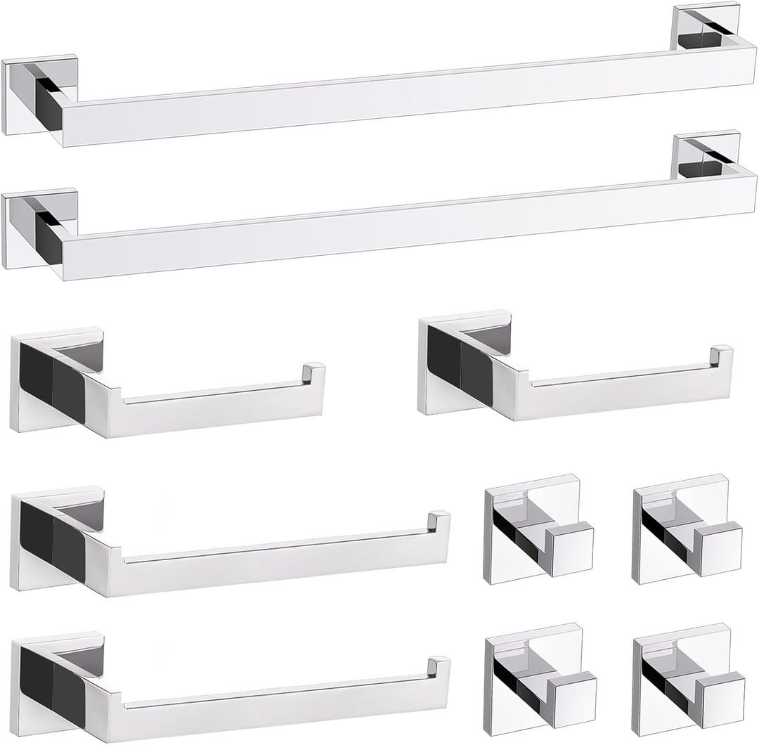 TURS Chrome 10-Piece Bathroom Hardware Set Towel Bar Set SUS304 Stainless Steel Towel Racks for Bathroom Wall Mounted, 23.6-Inch