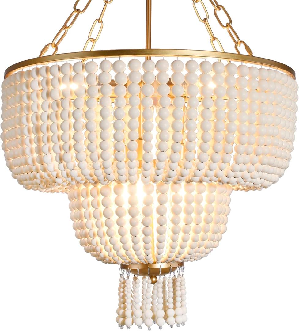 6-Light 20 Inch Boho Light Fixtures Ceiling Natural Wood Beaded Chandelier Boho Light Fixture Bohemia Wood Beaded Chandelier for Kitchen Island Living Room