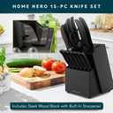 Home Hero Kitchen Knife Set - 15 PCS Black Knife Set with Block and Sharpener - Stainless Steel Knife Set - Ergonomic Handles - Includes Steak Knives Set of 6 - Knife Block Set for Kitchen