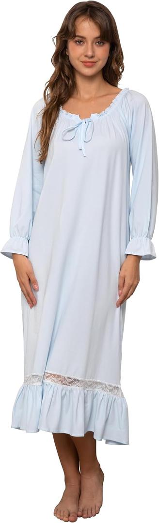 Nanxson Womens Cotton Nightgown Long Sleeve Sleepwear Vintage Victorian Lace Nightdress Loungewear (Blue, M)