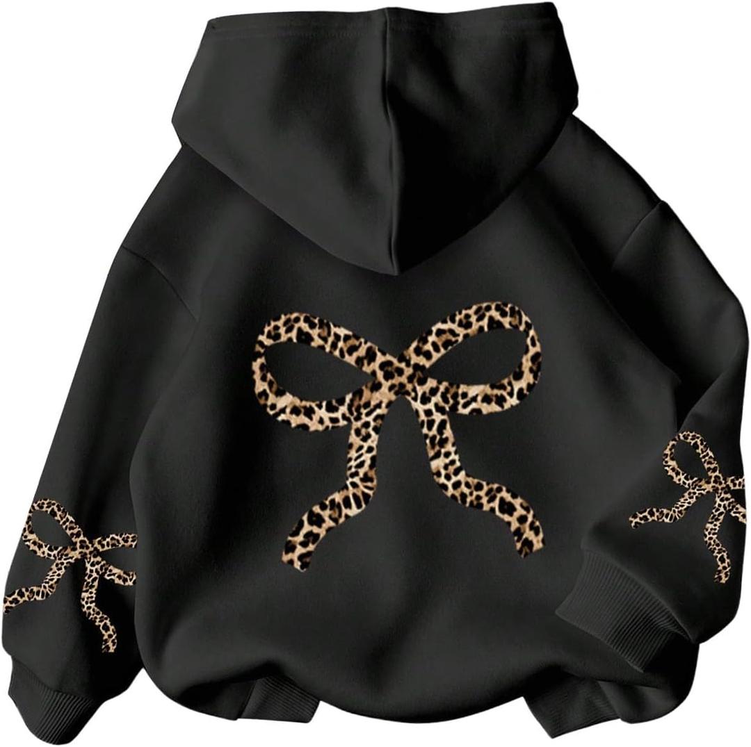 Girl's Leopard Graphic Hoodies Pullover Long Sleeve Hooded Neck Sweatshirts Trendy Fall Outfits Bow Black 13 Years