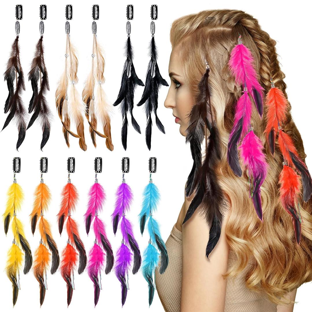 Geyoga 12 Pcs Clip in Hair Feathers Extensions for Women, Boho Colored Feather Clips, Hippie Hair Accessories for Music Festival, Rave, Cosplay, Carnival Party (Mix Colors,Standard)