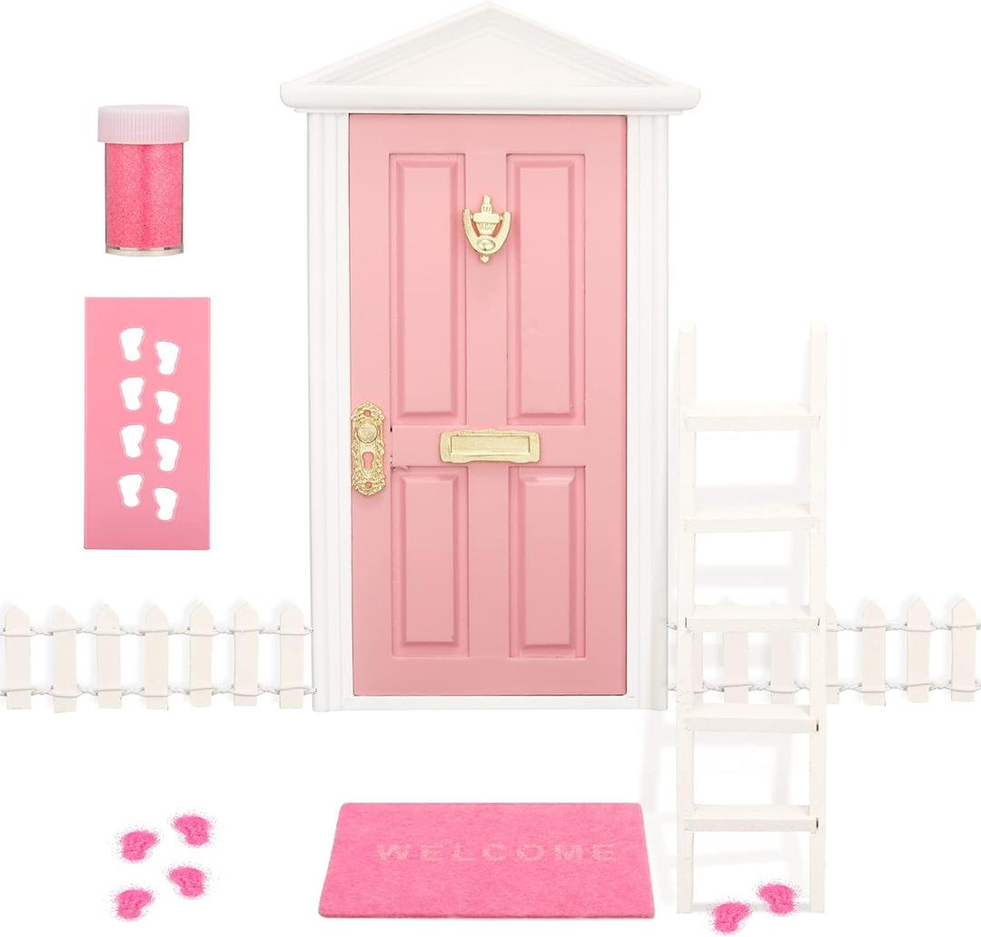 Tooth Fairy Door Kit Mini Wooden Tooth Fairy Door with Accessories Fairy Tale Education Learning Toy for Girls Dollhouse Mini Garden Decoration DIY Craft Activities (Pink)