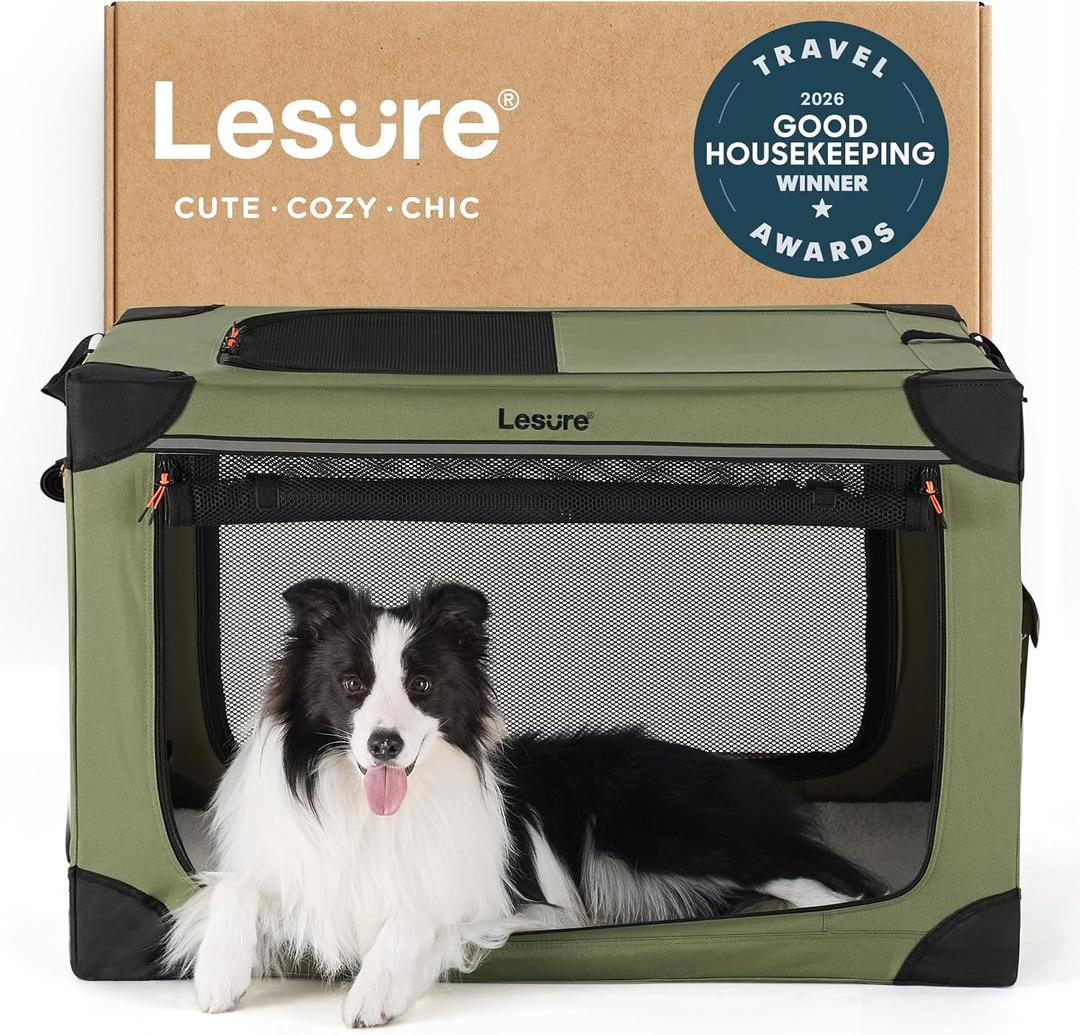 Lesure Shown on TODAY Show Soft Collapsible Dog Crate - 36 Inch Portable Travel Crate for Large Dogs Indoor & Outdoor, 4-Door Foldable Pet Kennel with Mesh Windows, Green