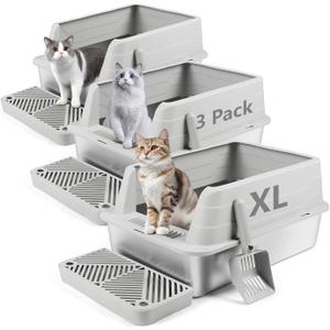 3 Pack Stainless Steel Litter Box, XL 22.9 x 15 x 10.3 High Sided Metal Cat Litter Tray with Scoop, Filter Pedal for Anti-Splash, Non-Sticky, Easy to Clean (Light Grey)