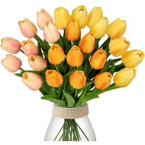 24 Pink Tulips - Artificial Flowers - 13.5" Faux Tulips for Mother's Day, Vase, Centerpieces, Home, Wedding Bouquet (24pcs Gradient Peachy)