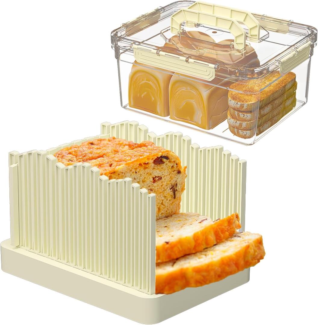 Sorgion 2-in-1 bread slicer and storage box with handle - plastic bread boxes for fresh keeping food storage containers with lids airtight for cake bunsBeige