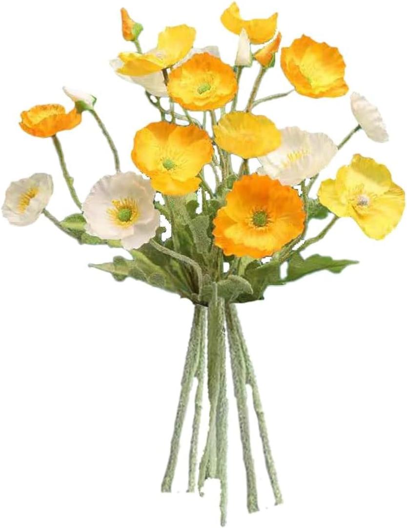 6pcs Artificial Poppy Silk Flowers With Stems - Faux Spring Blooms for Home Kitchen Table Centerpieces, Floral Arrangements, Wedding Bouquets and Mixed Decorations (Yellow-white)
