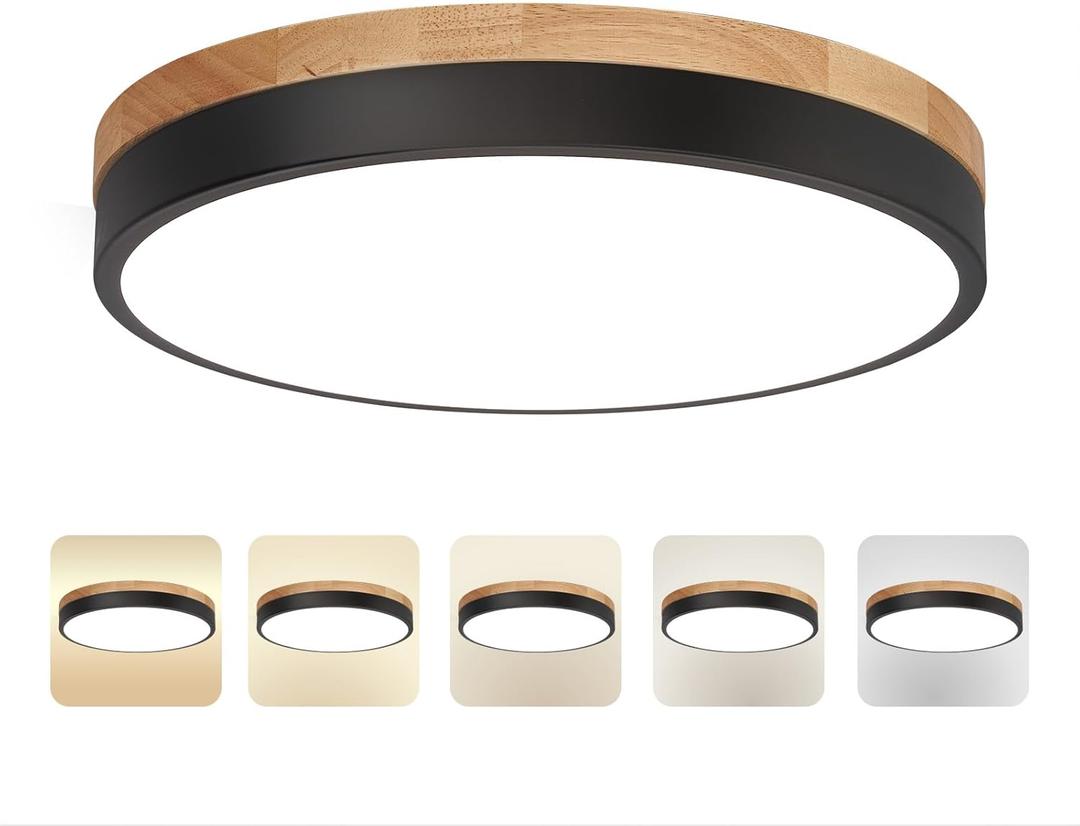 11.8 inch Wood Led Flush Mount Ceiling Light, Dimmable, 5CCT 3000K-6000K Selectable, 36W, 3600LM, Round Modern White Light Fixture Ceiling Mount for Bedroom, Laundry Room,Kitchen, Hallway, Black