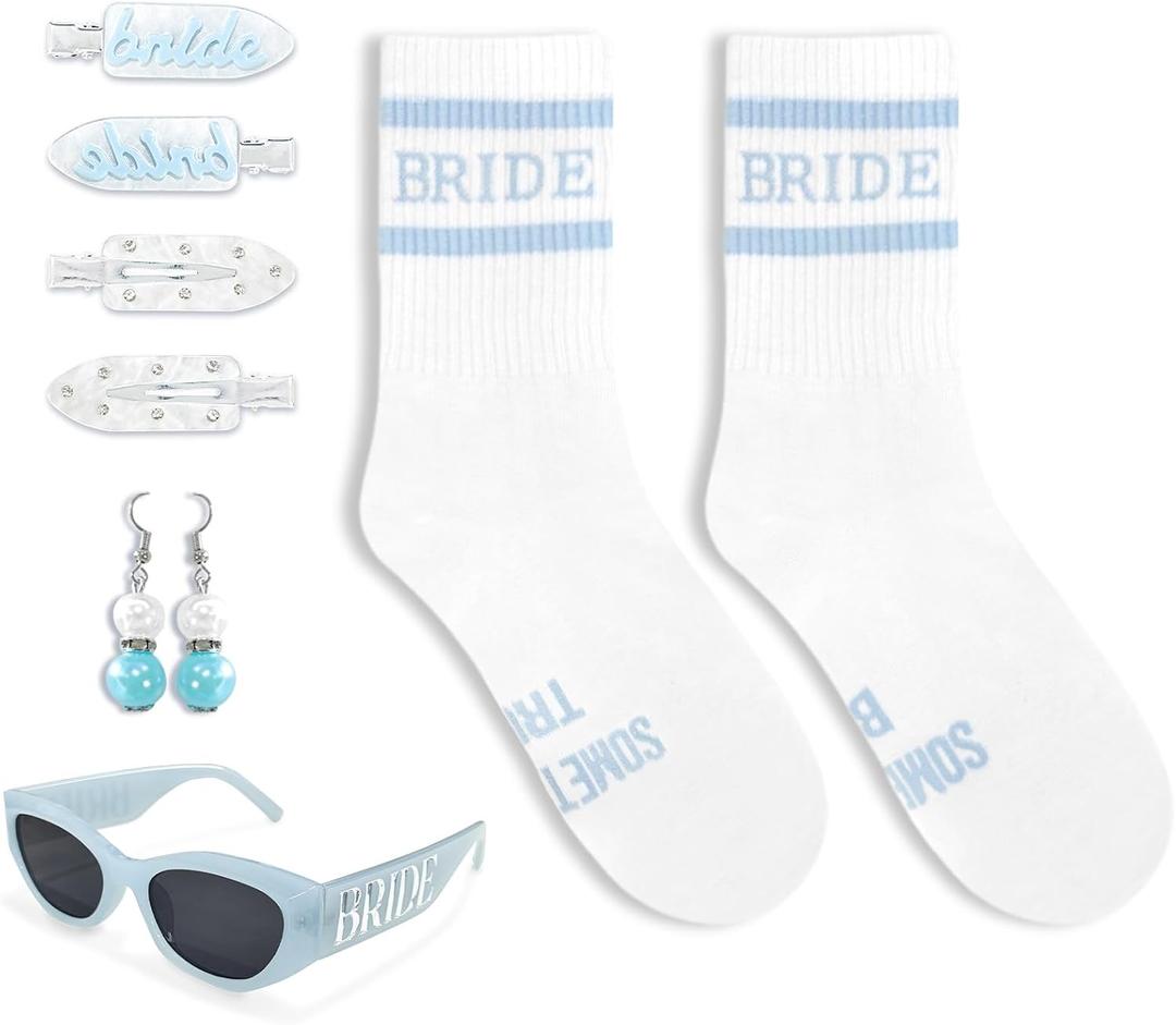 ONECOS 7 Pcs Bride Accessories Set, Marble Sunglasses, Beauty Hair Clips, Bride Socks, Something Blue Earrings for Bridal Shower Wedding Day Party Favor Gift (Blue)