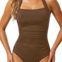 Tempt Me Women One Piece Swimsuits Tummy Control Bathing Suits Push up Full Coverage Swimwear (Brown, L)