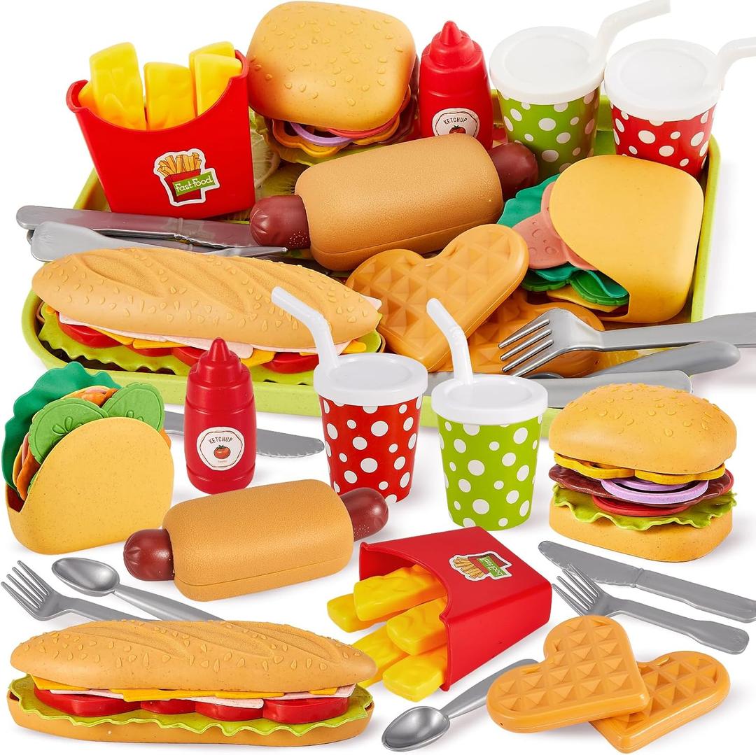 BUYGER Fast Food Play Food Toys for Kids Toddler Children Toy Kitchen Accessories Playset Plastic Toy Food Sets Pretend Play Gifts for 3 4 5+ Years Old