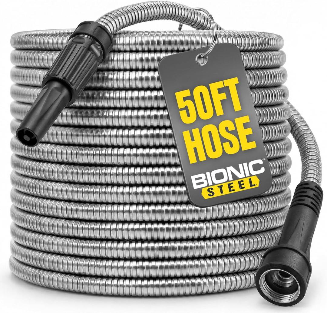 BIONIC STEEL 50 Ft Metal Garden Hose with Sprayer Nozzle, Non Kinking Designed Stainless Steel Heavy Duty Water Hose 50Ft x 5/8 in. Ultra Flexible NON Expandable for Uninterrupted Water Flow, 500 PSI
