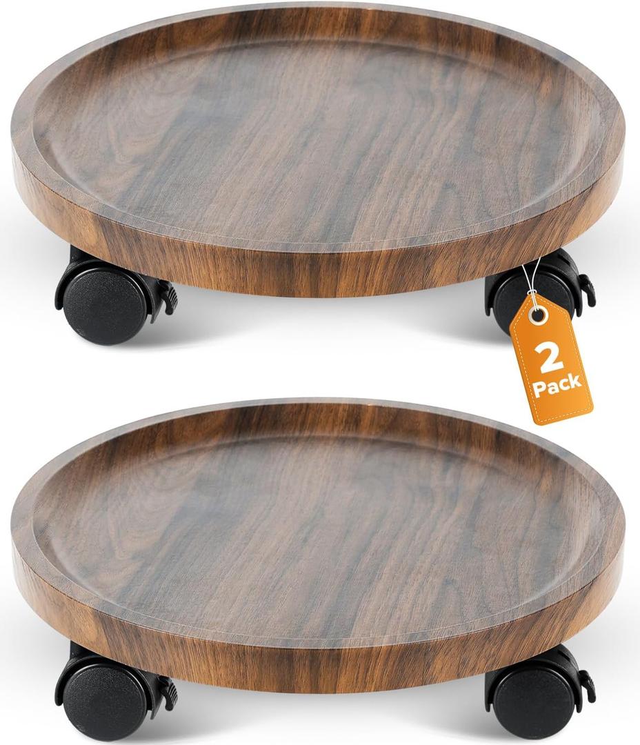 2 Pack Plant Caddy with Wheels, 12" Wood Rolling Plant Stand with 360 Lockable Wheels, Plant Stands Outdoor for Large Plants, Flower Cart Plant Dolly Plant Caster for Heavy Objects, Walnut