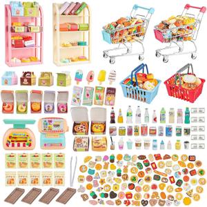 196Pcs Mini Shopping Cart Basket Trolley Grocery Game Model Miniature Drink Bottle Food Pizza with Box Supermarket Metal Handcart Toy Doll House Store Cosplay Pretend Kitchen Shelf Cash Register