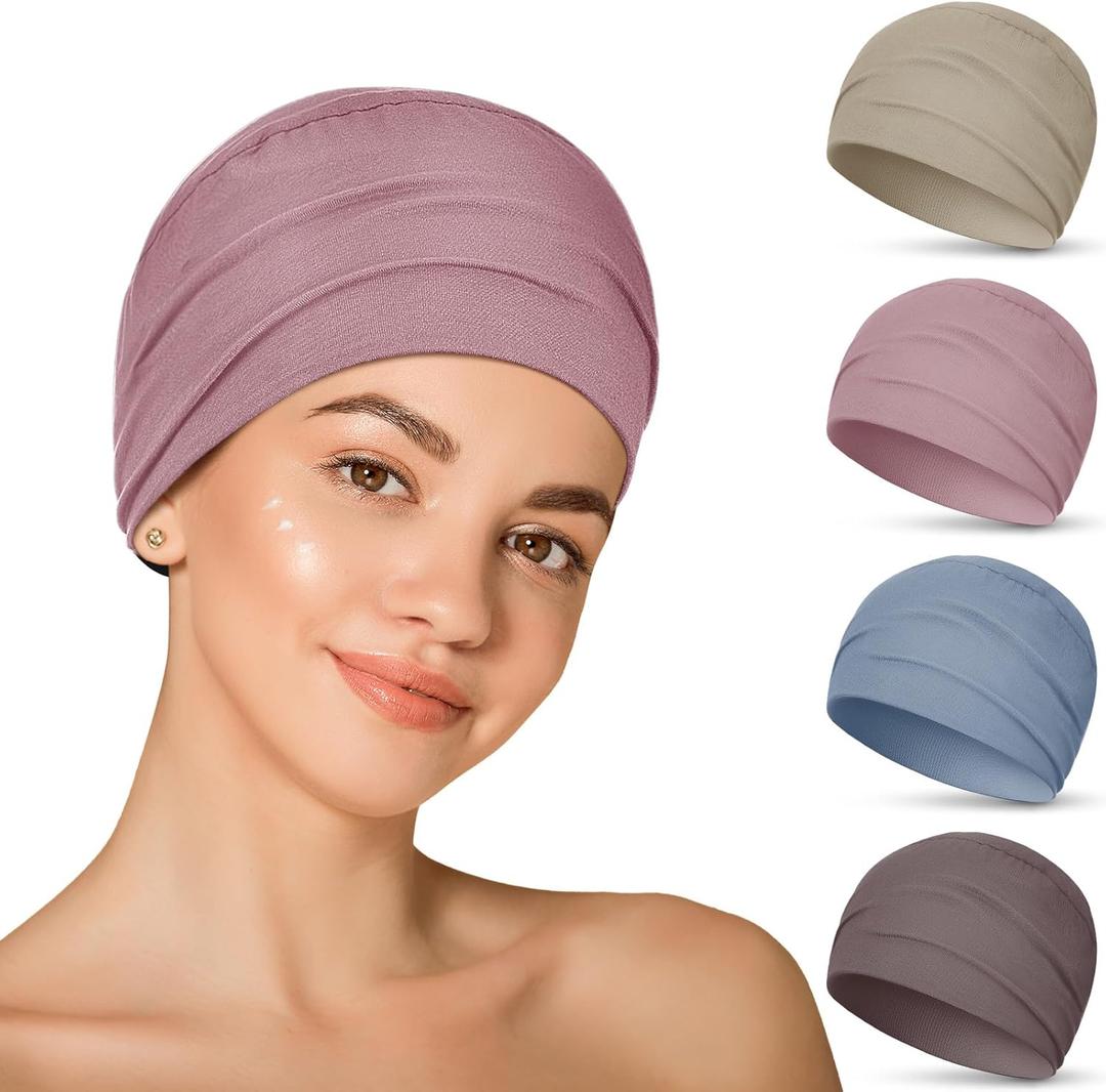 Zhengmy 4 Pcs Cotton Chemo Sleep Cap for Women, Soft Cancer Beanie Hat Headwear Turban Stretchy Skull Cap Hair Loss Head Wrap (Pink, Purple, Khaki, Blue-gray)