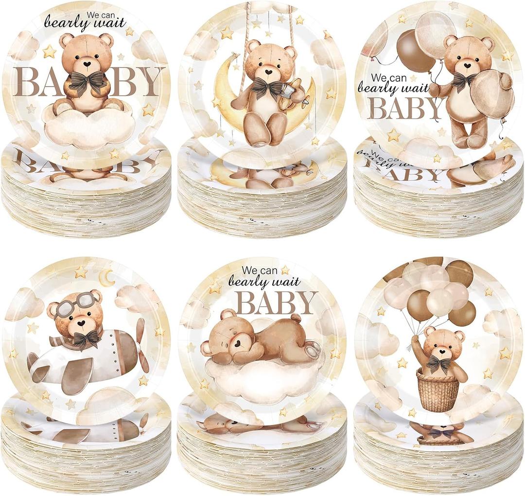 Funnymoom 60 Pcs Bear Baby Shower Decorations 7 Inch Brown Bear Paper Plates We Can Wait Party Supplies Gender Reveal Plates for Brown Baby Shower Birthday Party