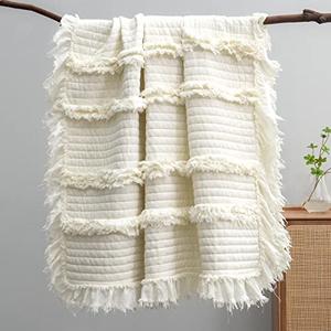 Ultra Soft Pre-Washed Warm Quilted Throw Blanket, Ruffle Fringed Cream Boho Decorative Throw, Stone Washed Chic Rustic Blanket for Sofa Couch Bed Chair, 50"x 60"