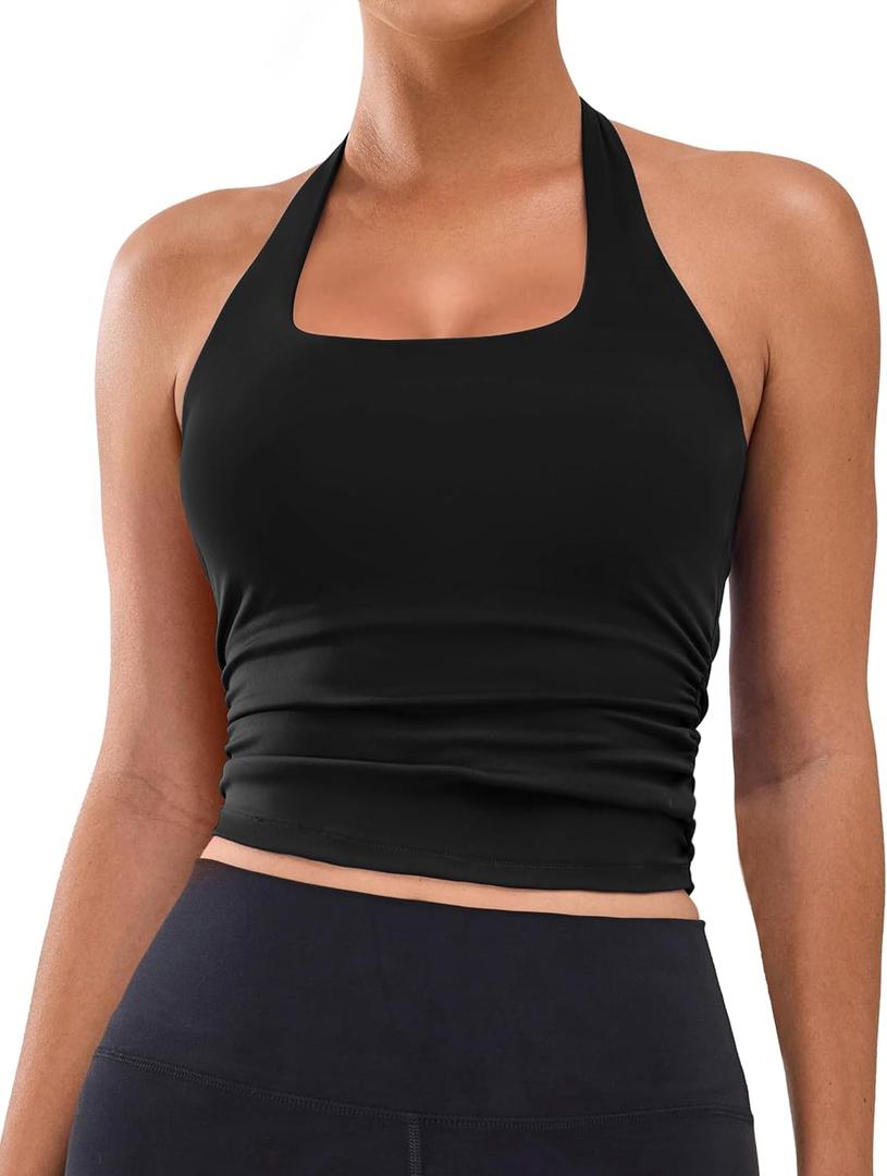 BMJL Womens Halter Built in Bra Workout Sports Tank Tops Buttery Longline Stappy Gym Crop Tops (Medium, Black)