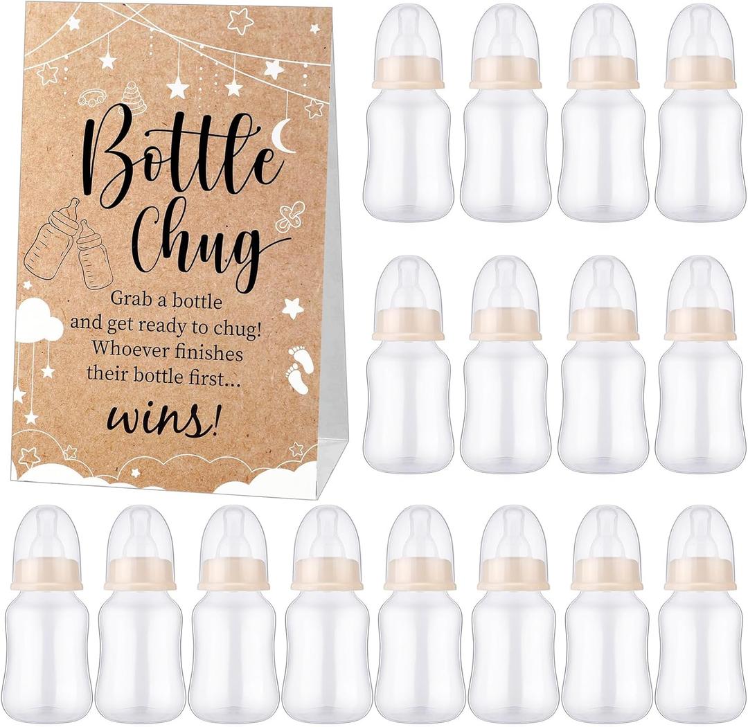 TrelaCo Bottle Chug Baby Shower Game 20 Pcs Baby Bottles Shower Favor with 1 Kraft Theme Sign for Gender Reveal Party Supplies Gifts(Beige)