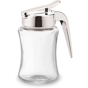 J&M Design Glass Syrup Dispenser Bottle for Maple Syrup, Honey Pot or Sugar Jar W/Handle Shaker For Pancakes, Coffee, Cereal Bowl, Tea Pour Spout Lid Easy Spoon Measure 7.5oz Container Holder