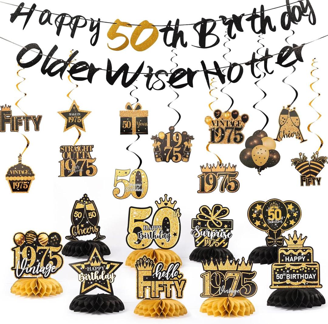 50th Birthday Decorations  Black and Gold Party Supplies with Banner, 9 Honeycomb Centerpieces, 12 Hanging Swirls, Happy 50th Birthday Decorations for Men and Gifts for Him