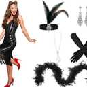 Tisancy 7 Pcs 1920s Women's Flapper Dress Sequin Dress Costume Headwear Earring Necklace Glove Stick Set and Long Feather Boa (Black, XS)