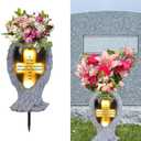 Grave Decorations for Cemetery Heaven Angel Wing Cross, Graveyard Decorations, Vase with Solar LED Lamp, Resin Decorated Bereavement Statue, Gift in Memory of Relatives (White)