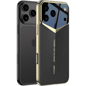 for iPhone 17 Pro Max Leather Case, Luxury Sports Car Styling Design, Vegan PU Leather with Hard PC Slim Gold-plated Frame Shockproof Anti-Scratch Protective Cover for iPhone 17 Pro Max (Black)