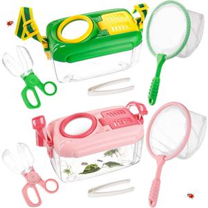 2 Set Bug Catcher for Kids- Educational Bug Catching Kit Including Butterfly Net, Insect Clip, Tweezer, Outdoor Toys for Kids Ages 3-10 (Pink & Green)