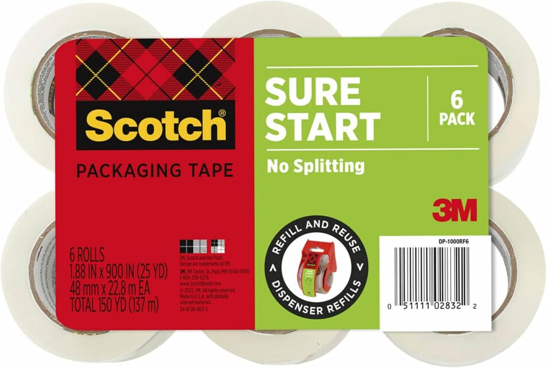 Scotch Sure Start Packing Tape, Clear, Quiet Unwind and Easy Start, 1.88 in. x 25 yd., 6 Tape Rolls, Designed for Packing, Shipping and Mailing, No Splitting or Tearing, 1.5" Core