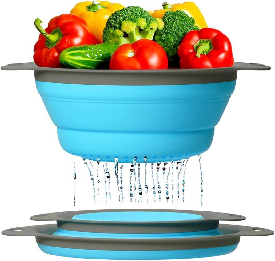 Strainers Set of 2 - Collapsible Silicone Colanders For Easy Storage by Comfify - Use with Pasta & Veggies or as a Fruit or Berry Bowl with Strainer - Irreplaceable for Campers - Blue