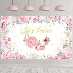Tegeme Tea Party Backdrop Decorations, Pink Floral Tea Decor Banner, Let's Partea Photo Background for Baby Bridal Shower Birthday Party Supplies(6 x 3.6 ft,White)