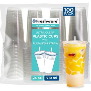 Freshware Clear Plastic Cups with Flat Lids and Straws [100 Cups - 24 oz] Disposable Tumblers for Iced Coffee, Smoothie, Milkshake, Cold Drinks